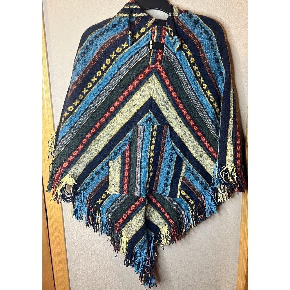 Handwoven Nepal Fringe Poncho Unisex Design Front Pocket Pointed Hooded One Size